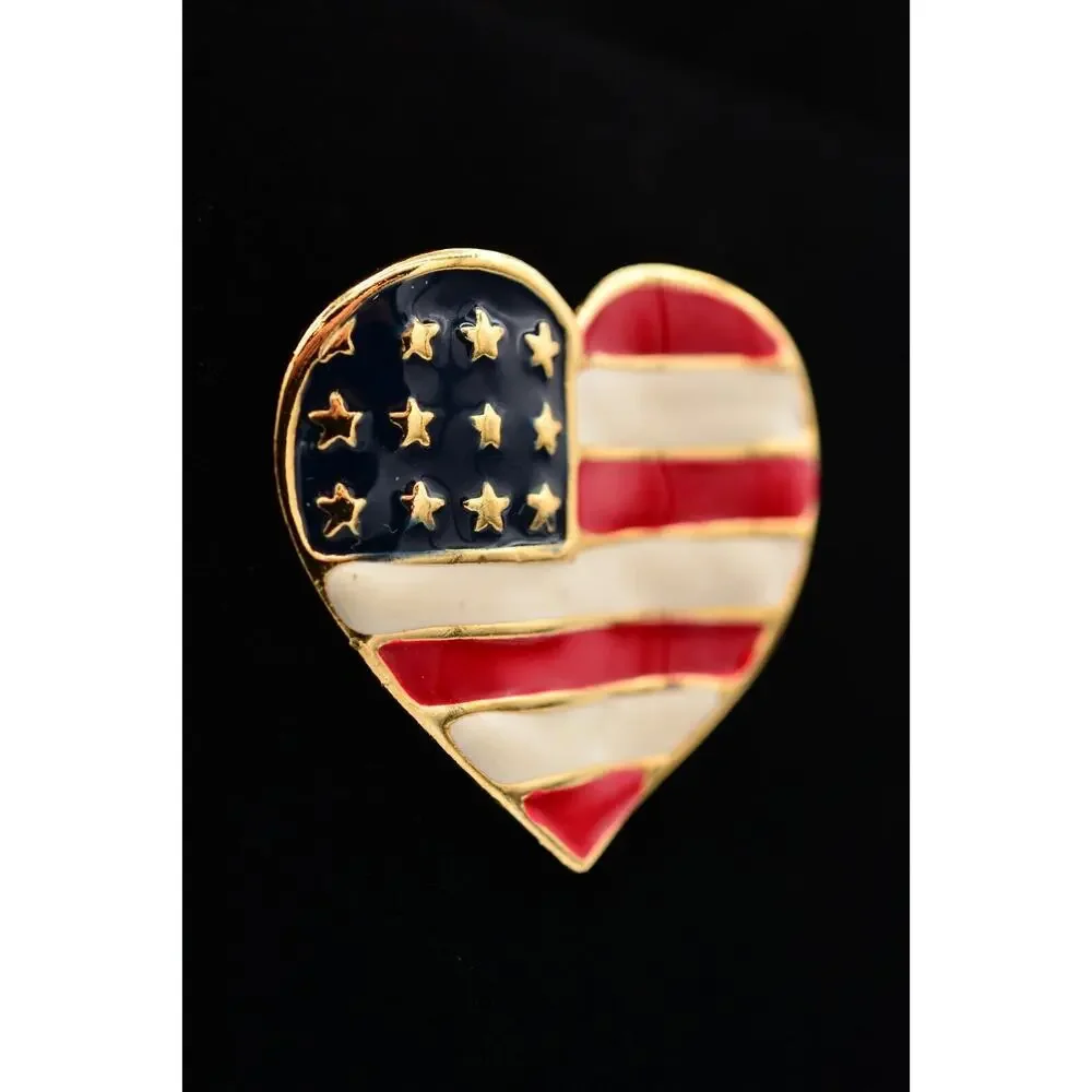 Vintage USA Heart Flag Pin Brooch American Red White Blue Gold Tone 1990s BinAT